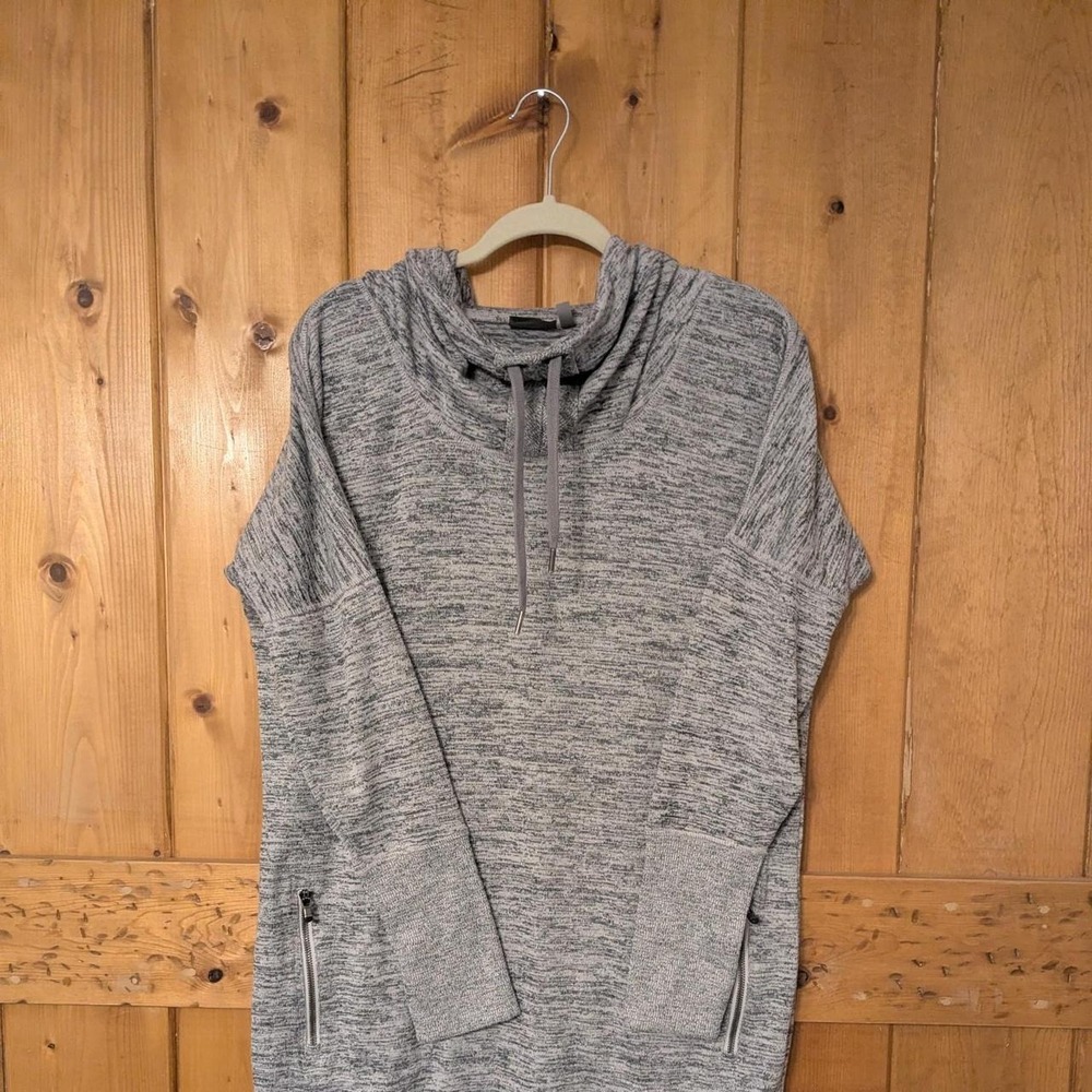 Athleta Space Dye Cowl Neck Tunic Sweatshirt Gray Cozy Pullover Zip Pockets